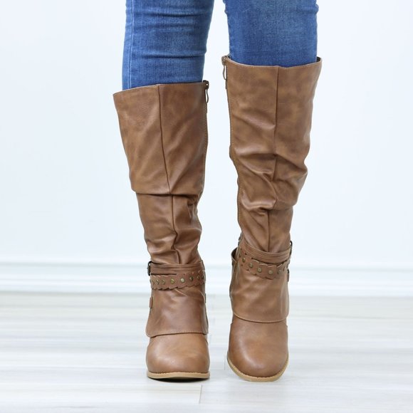 Motorcycle Heeled Boots For Rocker Biker Girls Below The Knee Tan Faux Leather - Picture 9 of 15